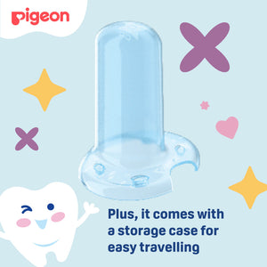 Clear baby bottle with cartoon tooth and colorful stars on a light blue background, featuring the Pigeon brand. Pigeon Silicone Finger Toothbrush go littles product image 8
