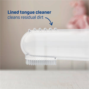 Lined tongue cleaner with text indicating its use on a neutral background. Pigeon Silicone Finger Toothbrush go littles product image 9