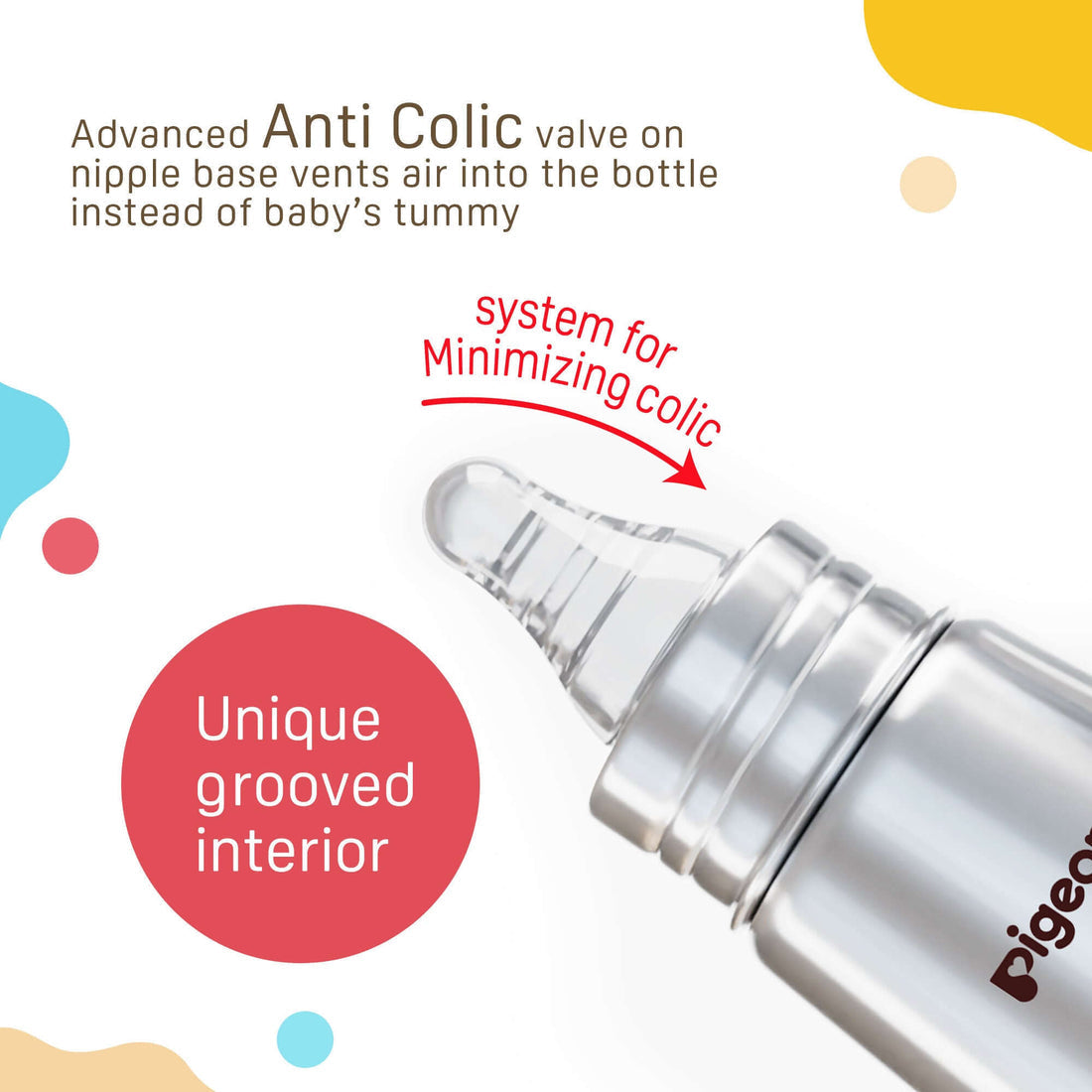 Bottle with advanced anti colic valve system on a white background. Pigeon_Steel_Feeding_Bottle_140ml_M_Size_4_months_go_littles___product_image_3