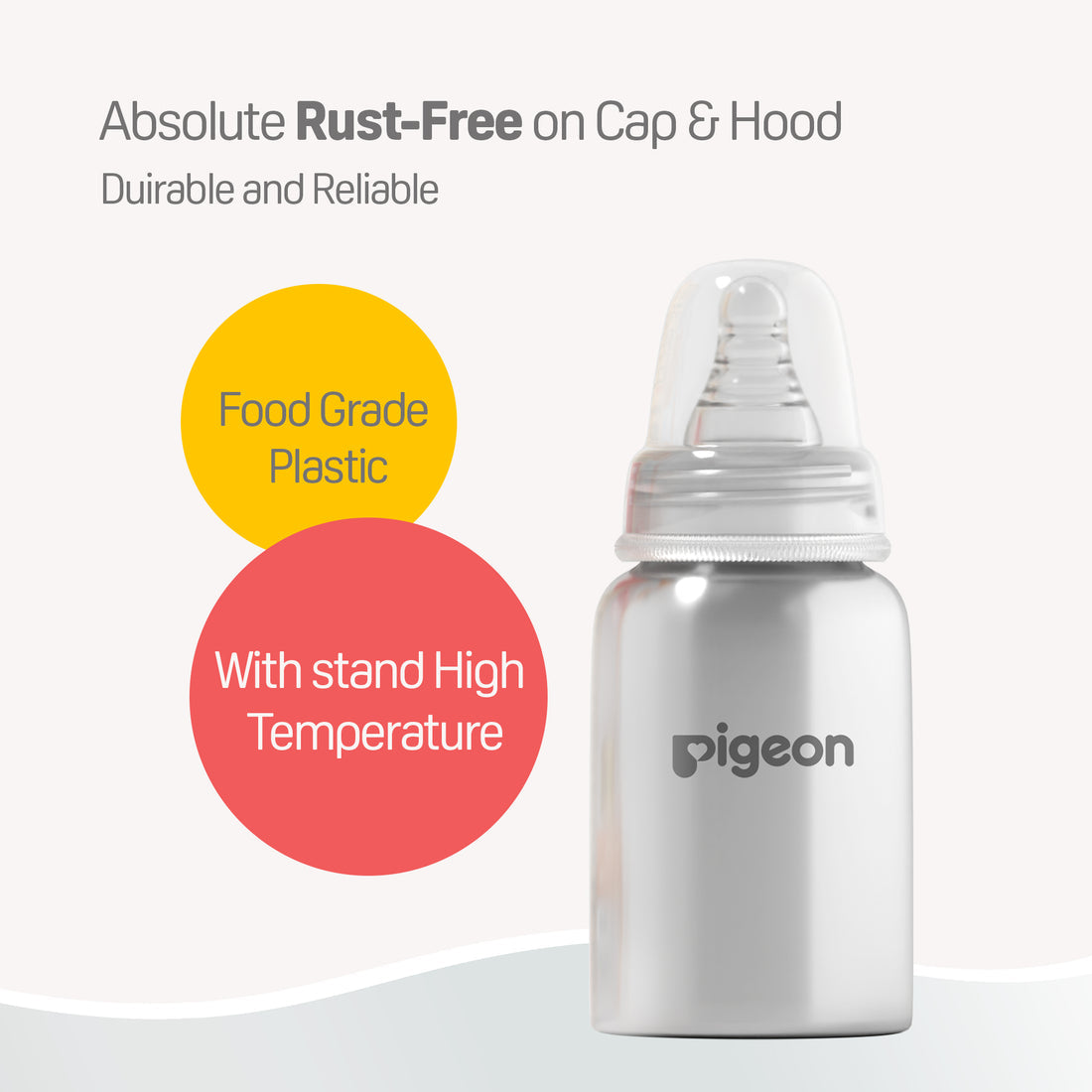 Silver baby bottle with Pigeon branding on a white background, featuring text about material properties. Pigeon Steel Feeding Bottle 150ml - S Size 0+ Months go littles product image 3