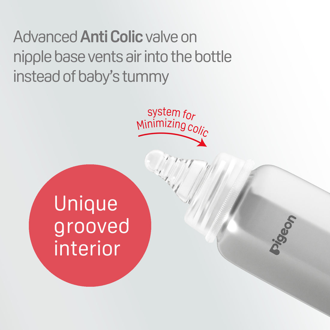 Bottle with advanced anti colic valve and grooved interior on a light gray background. Pigeon Steel Feeding Bottle 150ml - S Size 0+ Months go littles product image 4