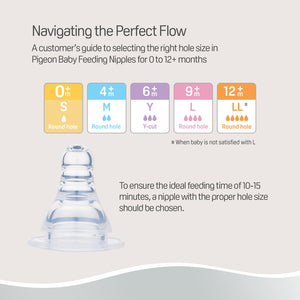 Pigeon baby feeding nipples with hole size guide on a light gray background. Pigeon Steel Feeding Bottle 150ml - S Size 0+ Months go littles product image 6