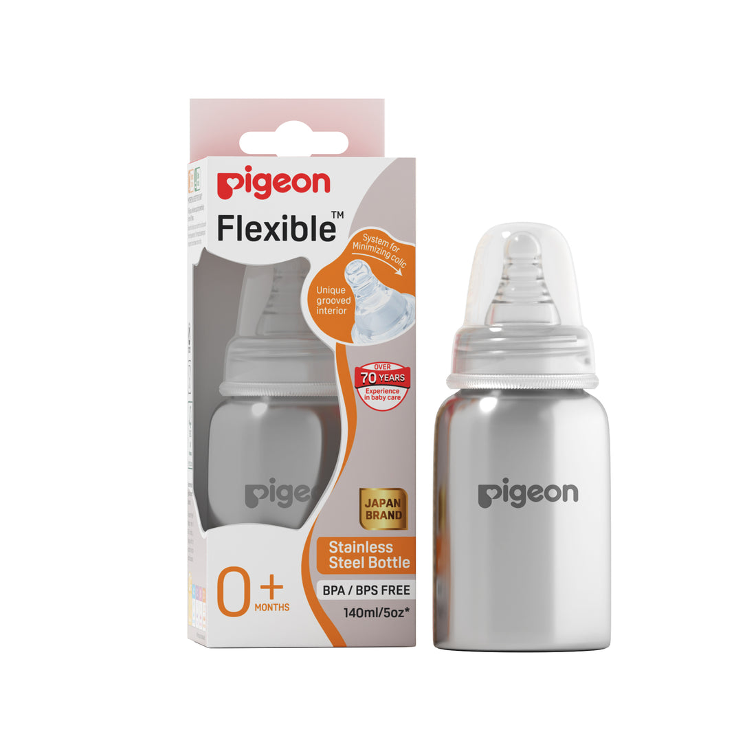 Pigeon stainless steel bottle with packaging on a white background. Pigeon Steel Feeding Bottle 150ml - S Size 0+ Months go littles product main image