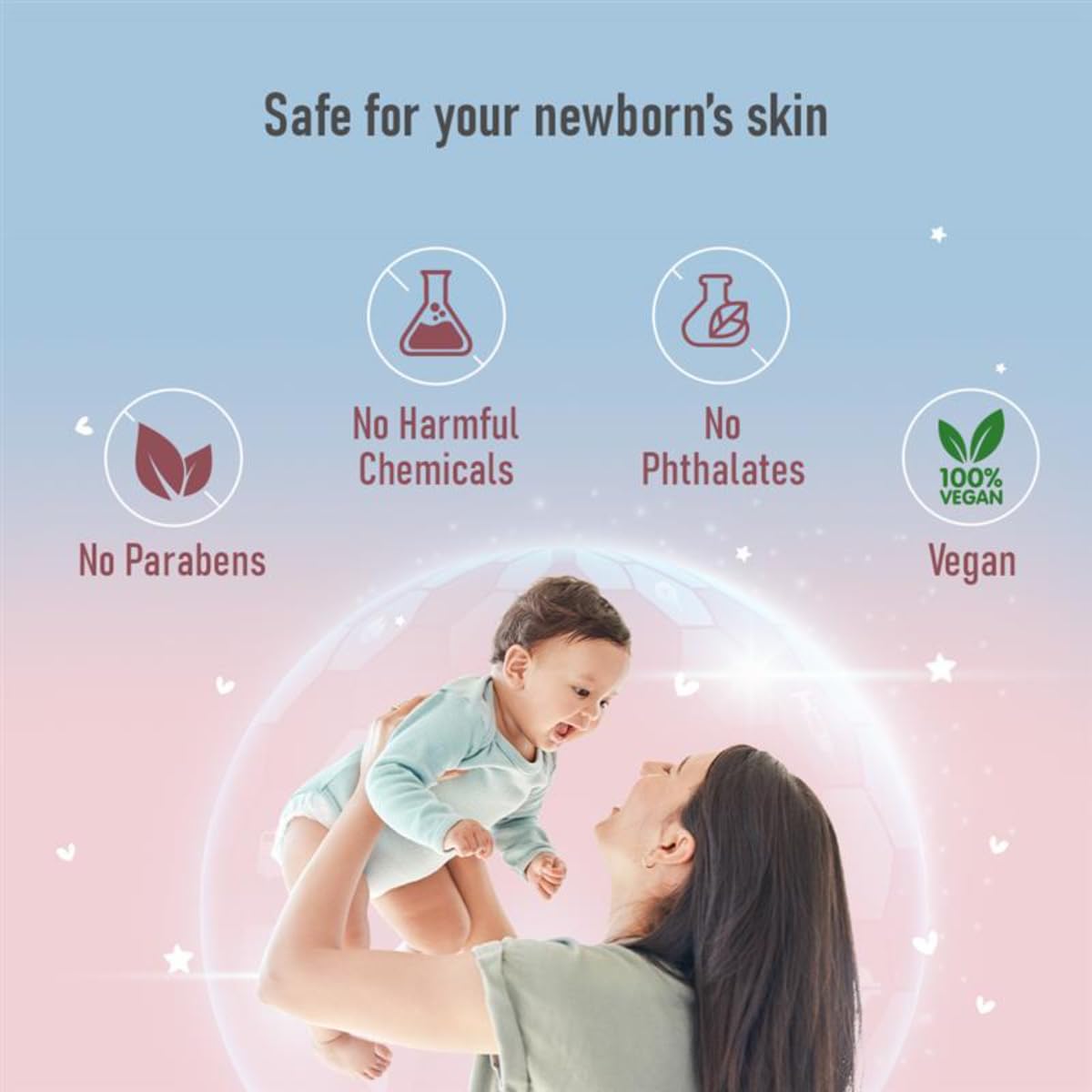 mother holding her baby with product safety features highlighted on a light blue and pink gradient background.
