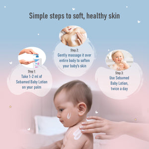 sebamed Baby lotion application steps with a baby and adult hand on a soft background