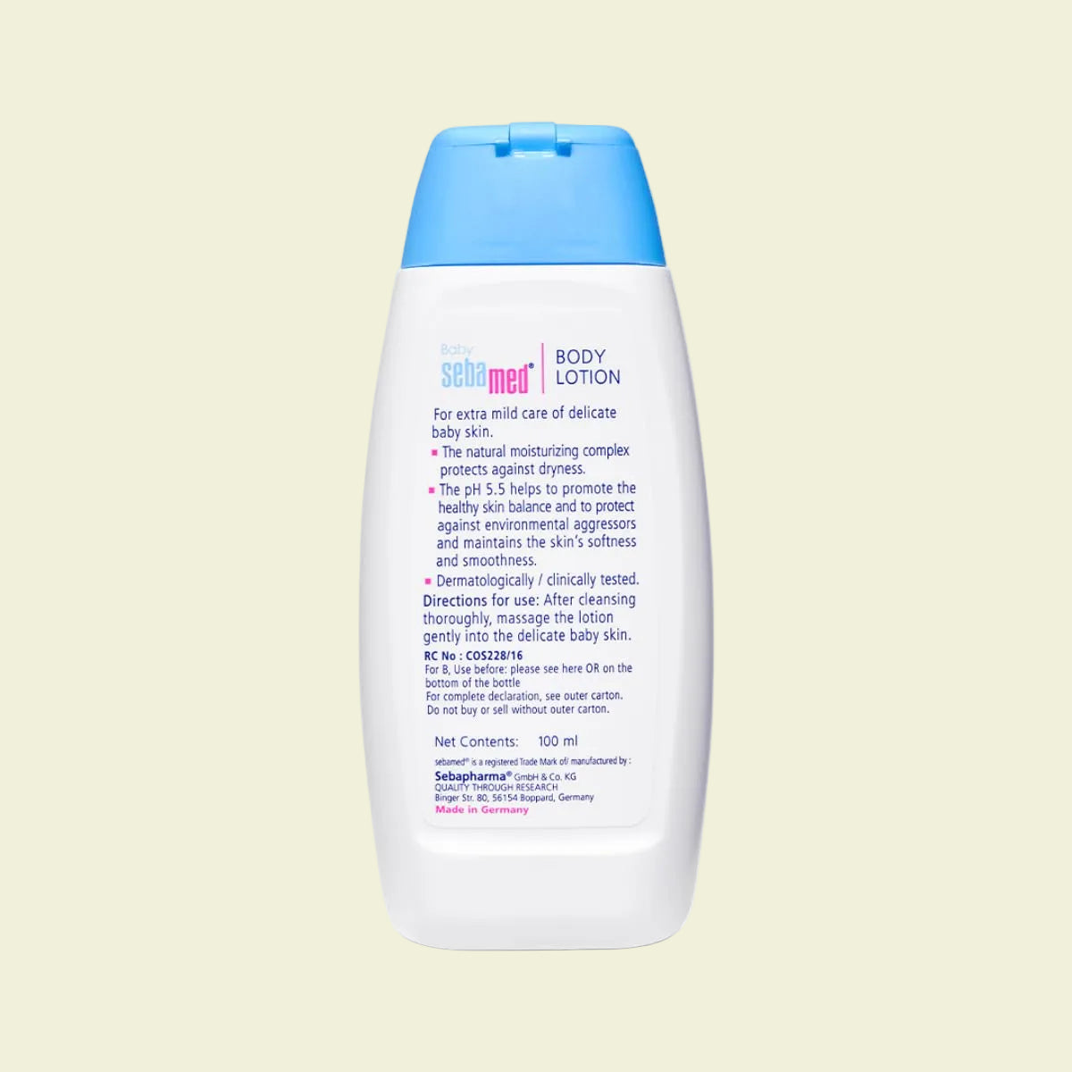 sedamed Body lotion bottle with blue cap and white body on a white background