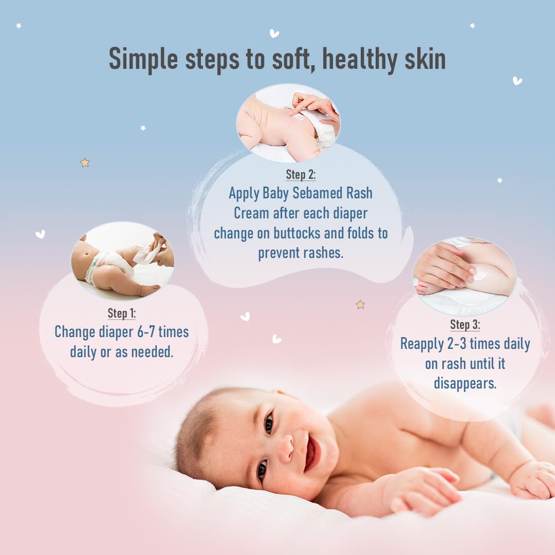 Baby care instructions for soft, healthy skin with a baby lying on a pink blanket.