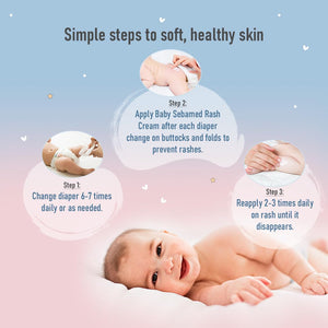 Baby care instructions for soft, healthy skin with a baby lying on a pink blanket.