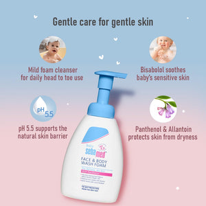 Baby face and body wash foam with product details on a light blue and pink background