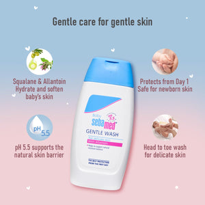 sebamed Baby wash bottle with text highlighting its gentle care for baby skin on a gradient background