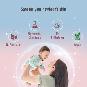 mother holding a baby with product safety features highlighted on a light blue and pink gradient background.