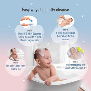 Baby being bathed with sebamed gentle wash step-by-step instructions on a light blue background