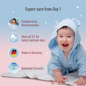 Baby in a blue hooded robe with product features listed on a gradient background