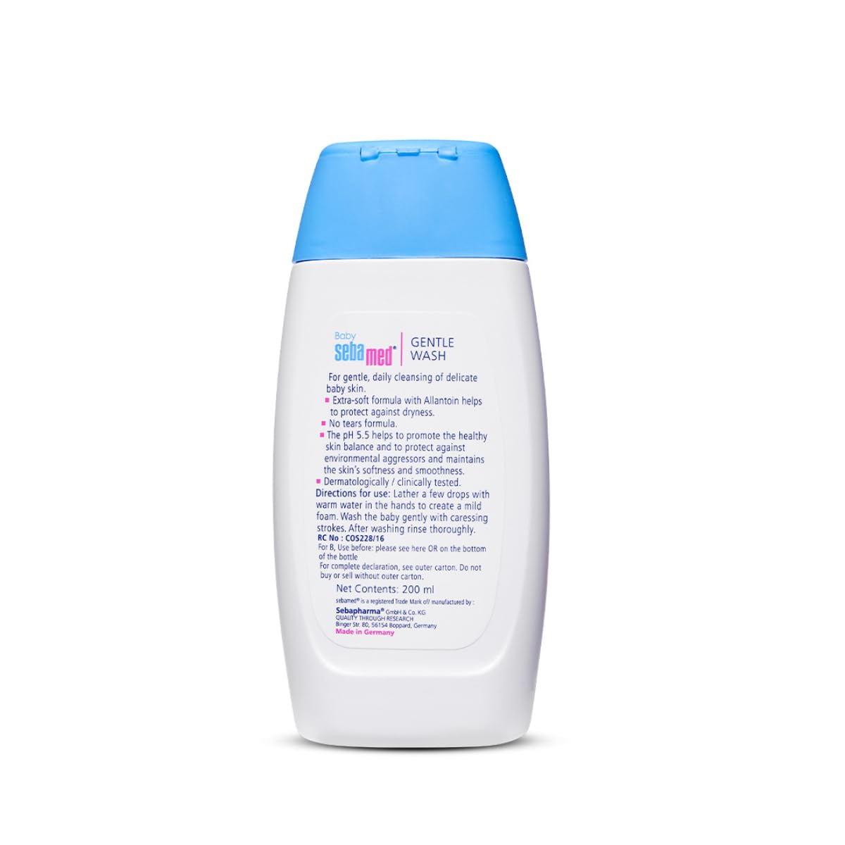 Sebamed Baby Wash bottle with blue cap and white label on a white background
