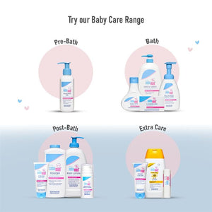 Sebamed Baby care product range with labeled categories on a light blue background