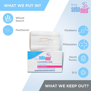 Sebamed Baby cleansing bar with ingredients list on a light blue background. Available at Go Littles