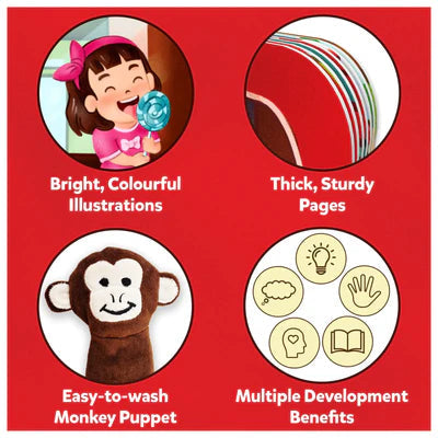  Skillmatics Puppet Book The Wheels on the Bus at Go Littles Stores product image 7. Product packaging with illustrations of a child, pages, a monkey puppet, and icons on a red background.