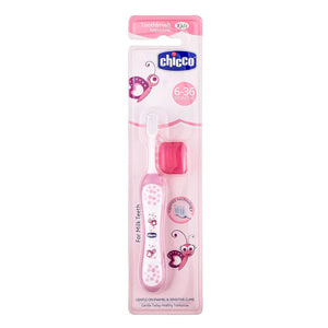Pink children's toothbrush with packaging featuring the Chicco brand on a white background. chicco Toothbrush Pink 6M to 36M go littles product image 2