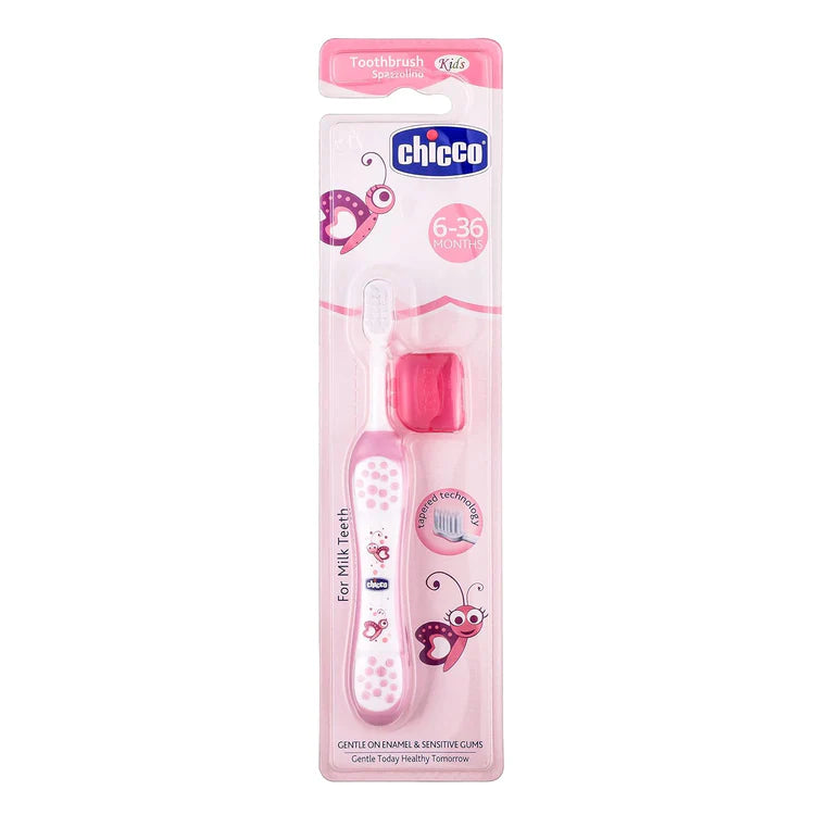 Pink children's toothbrush with packaging featuring the Chicco brand on a white background. chicco Toothbrush Pink 6M to 36M go littles product image 2