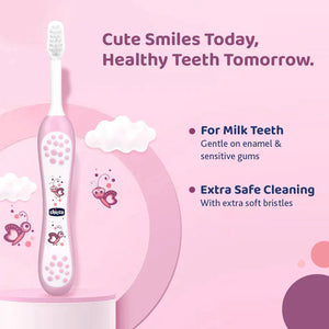 Pink children's toothbrush with text on a pink background. chicco Toothbrush Pink 6M to 36M go littles product image 4
