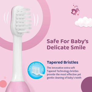 Baby toothbrush with tapered bristles on a pink background. chicco Toothbrush Pink 6M to 36M go littles product image 5