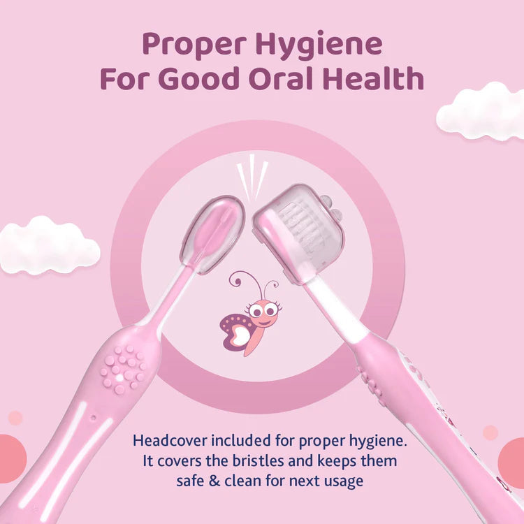 Pink children's toothbrush with headcover on a pink background, emphasizing proper hygiene for good oral health. chicco Toothbrush Pink 6M to 36M go littles product image 7